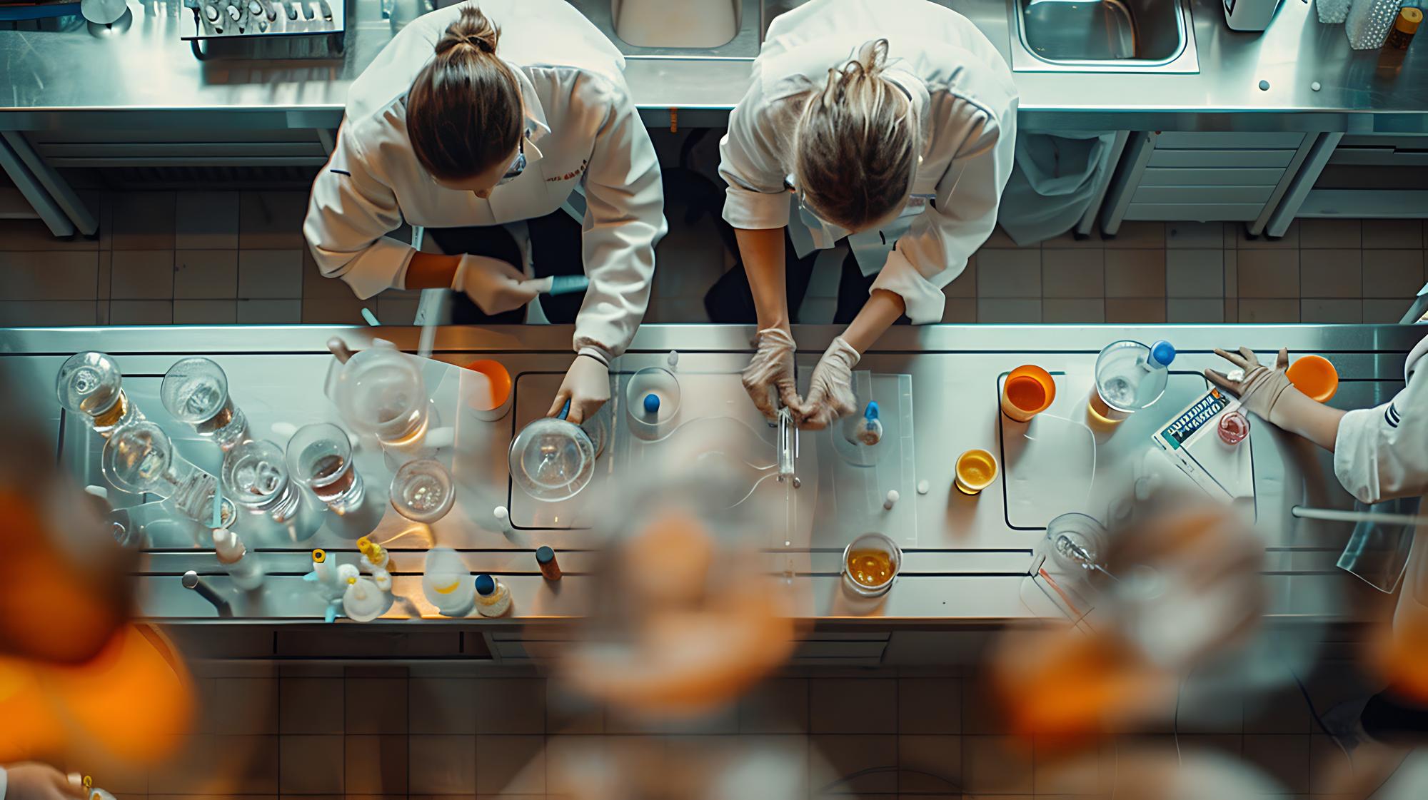 Zespół pracujący nad recepturą w laboratorium kulinarnym